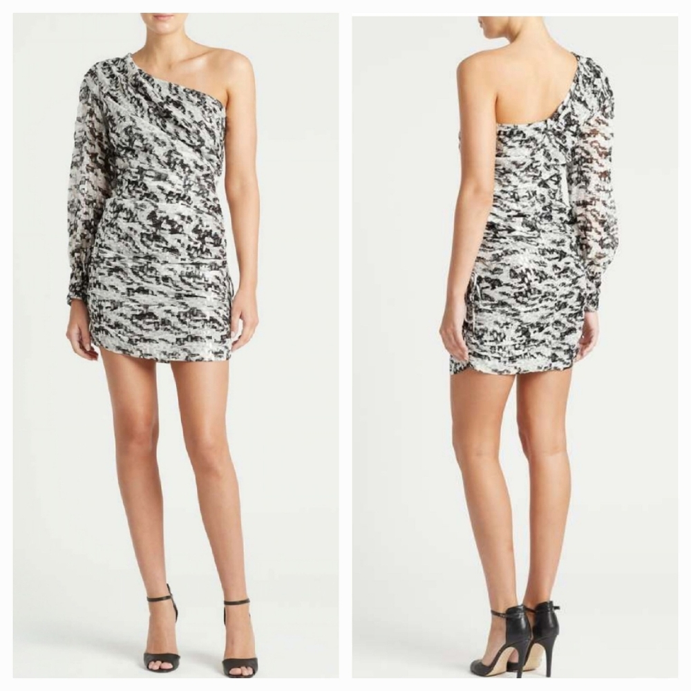 NWOT IRO KALLAR One-Shoulder Silk Blend Black White Metallic Ruched Dress 8